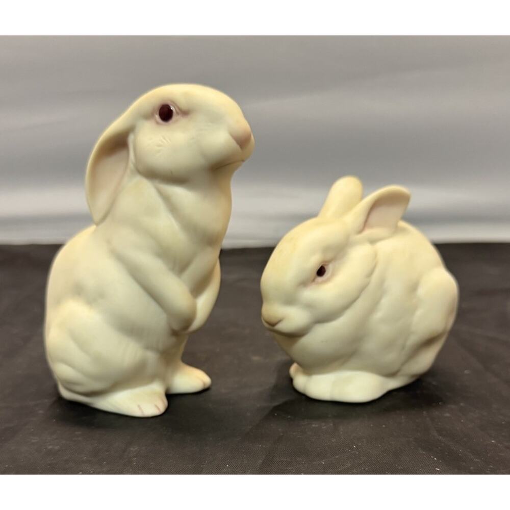Cybis Bunny Figurines Mr Snowball & Bon Bon Bisque Porcelain Rabbit Set 1981 VTG